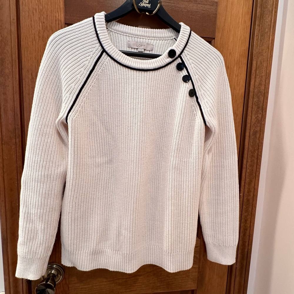 LOFT CREAM SWEATER WITH BLACK BUTTONS AND TRIM SIZE MEDIUM